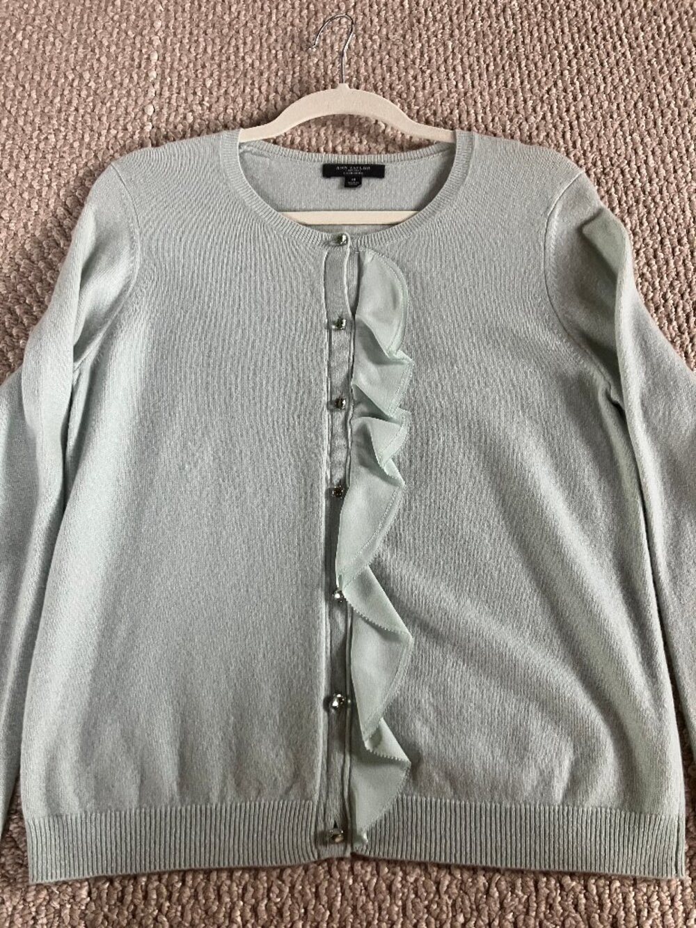 Ann Taylor Cashmere Cardigan Sweater Mint Green Ruffle Front Button Womens M